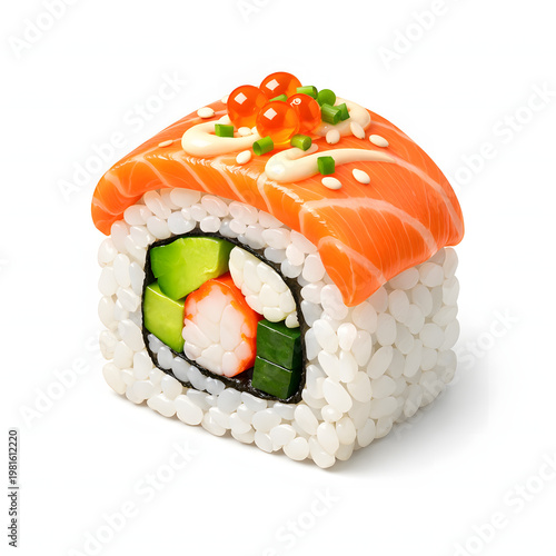 Salmon sushi roll uramaki 3d icon
High-quality 3D illustration of a fresh salmon sushi roll with avocado and caviar, isolated style.


