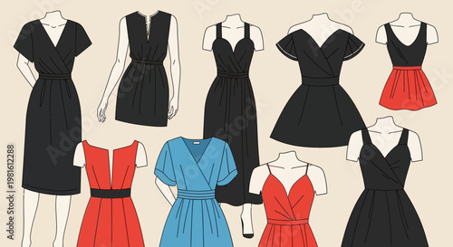 Collection of various women's dress styles and designs in black, red, and blue colors.