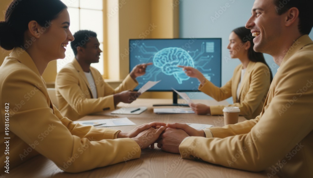 Obraz premium Diverse multiethnic business team collaborating in a bright office while looking at a digital brain visualization on a monitor for a corporate strategy brochure