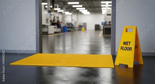 Cautionary wet floor sign and mat inside industrial building entrance
