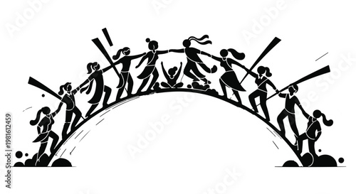 Diverse group of women forming a bridge of unity and strength, celebrating together.