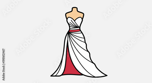A white strapless wedding dress with a red accent sash and a flowing skirt, displayed on a mannequin.
