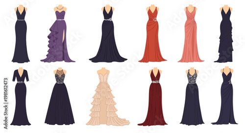 A collection of elegant evening gowns and formal dresses displayed on mannequins, showcasing various styles and colors.