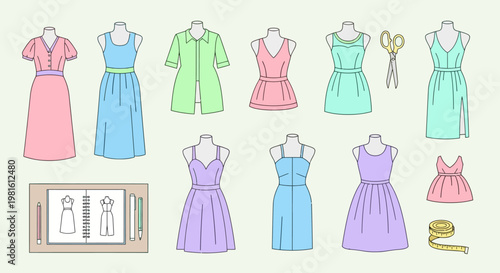 Collection of pastel-colored dresses on mannequins with sewing tools and fashion design sketches.
