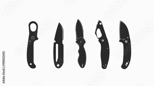Silhouetted illustration showcasing a variety of five different knives. Each knife with unique blade and handle design