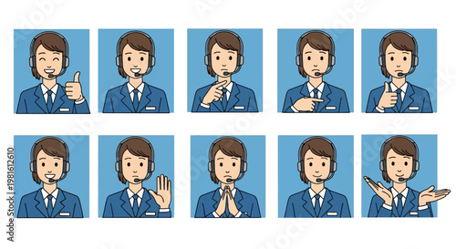 A collection of ten cartoon illustrations of a customer service representative with a headset, displaying various hand gestures and facial expressions.