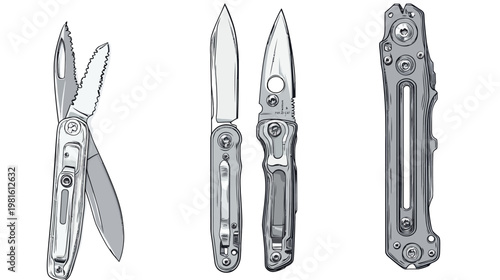 A grayscale illustration of several metal tools, depicting their sharp, precise designs