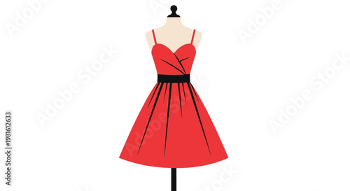 A vibrant red cocktail dress with a black sash displayed on a mannequin against a white background.