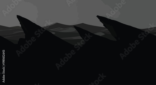 Shark Fins Emerging from Dark Water with Mountains in Background Silhouette