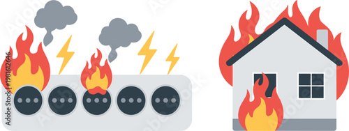 Electrical fire hazard icons, burning socket and house vector illustration for safety warning