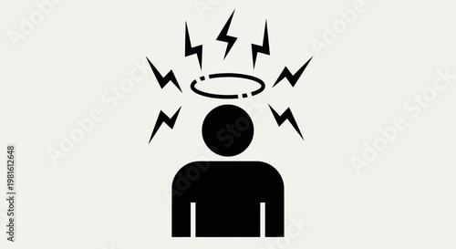 A black silhouette of a person with a halo and lightning bolts around their head, symbolizing stress or a headache.