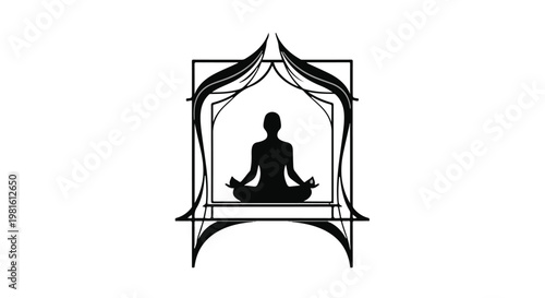 Silhouette of person meditating peacefully within an ornate, arched frame