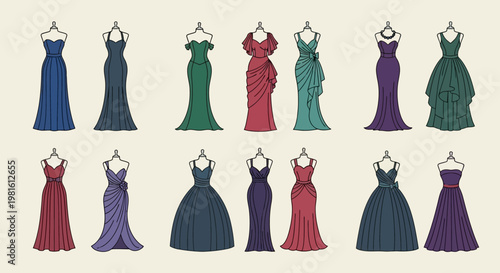 A collection of elegant evening gowns and formal dresses displayed on mannequins, showcasing various styles and colors.