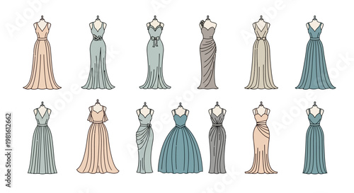 A collection of elegant evening gowns and formal dresses displayed on mannequins, showcasing various styles and colors.