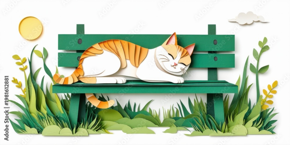 Fototapeta Papercraft scene depicts resting feline on green bench. Sun shines, plants surround peaceful setting. Calm, cozy vibes present.
