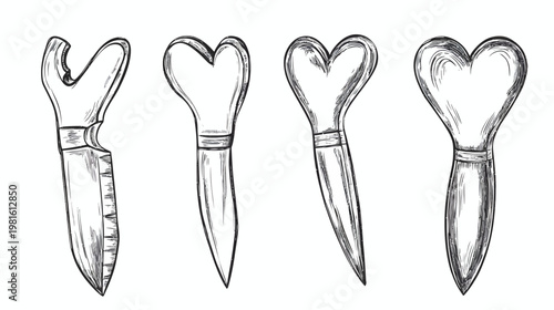 A detailed illustration of various tools with heart-shaped heads and textured handles