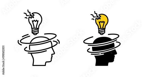 Silhouette of a human head with a broken light bulb above, symbolizing lost idea or creative block in bright studio.