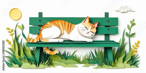 Obraz Papercraft scene depicts resting feline on green bench. Sun shines, plants surround peaceful setting. Calm, cozy vibes present.