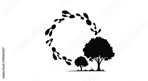 People in a circle around trees, symbolizing community and nature.