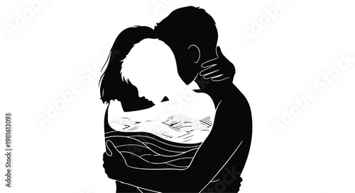 Two people embracing, one silhouette filled with water and waves, symbolizing deep emotional connection and comfort.