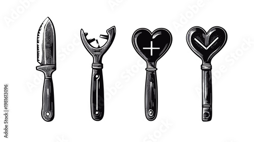 Four stylized, monochrome depictions of tools. Items include a serrated knife and bottle openers