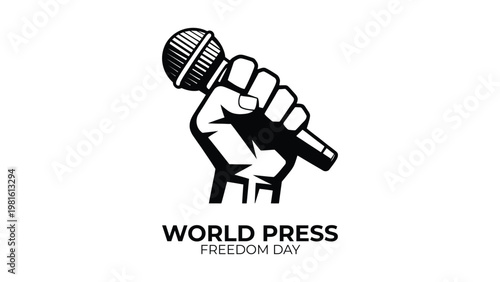 World Press Freedom Day concept illustration featuring a powerful fist holding a microphone silhouette with bold black typography isolated on a clean white background.