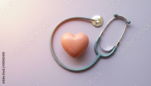 Blue medical stethoscope looped around a pink heart prop on a lilac background for cardiology health awareness and clinic branding with copy space