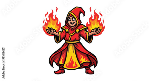 Cartoon wizard with fiery hands and red robes on white background