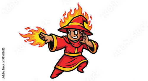 Cartoon wizard conjuring fire illustration isolated on white