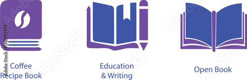 Set of purple book icons including coffee recipe book, education with pencil, and open book for reading