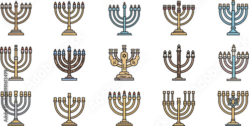 Menorahs in various colors and designs are displayed on a table indoors.