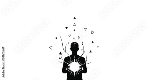 Silhouette of a person radiating light and abstract shapes, symbolizing energy and ideas