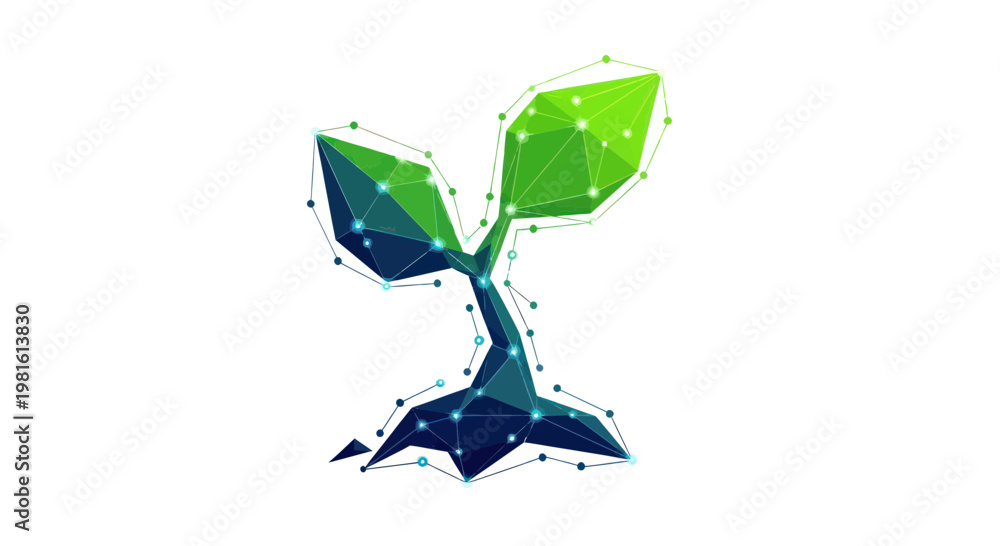 Obraz premium Abstract low poly plant sprout growing, digital technology, innovation, growth concept