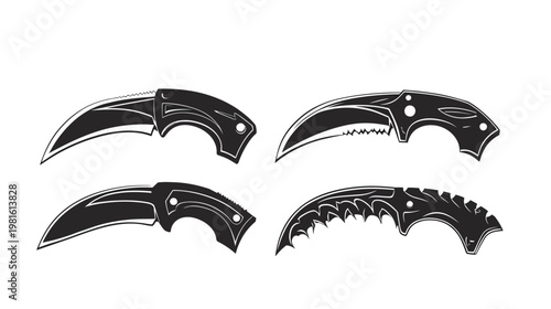 Four black-and-white curved blade knife illustrations on a white background