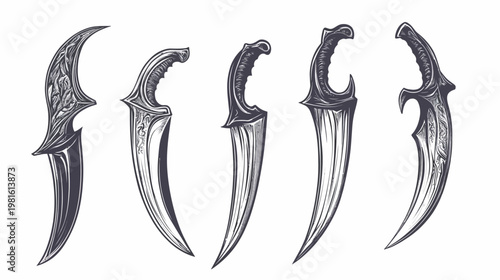 Five stylized daggers of varying forms in shades of gray and black, arranged across a white background