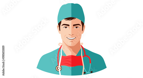 Doctor Portrait - Surgeon with Stethoscope and Face Mask, Medical Professional Illustration