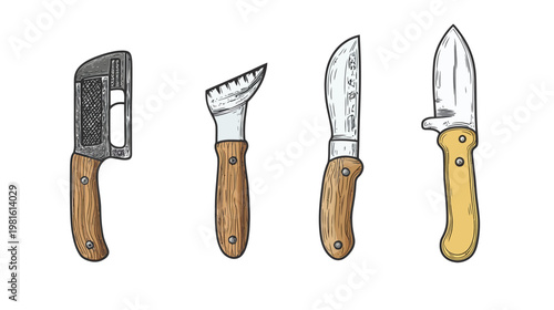 A collection of four different types of knives, each with a unique blade design, rendered in a line-art style
