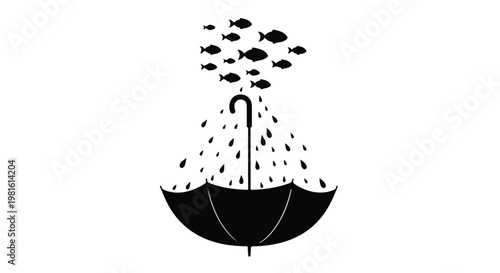 Surreal concept of raining fish protected by an umbrella, symbolizing unexpected events and resilience.