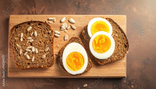 Hard boiled eggs on dark bread slices, with sunflower seeds, set on a wooden board