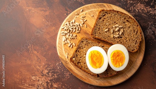 Hard-boiled egg halves on bread slices atop a wooden board, brown textured background