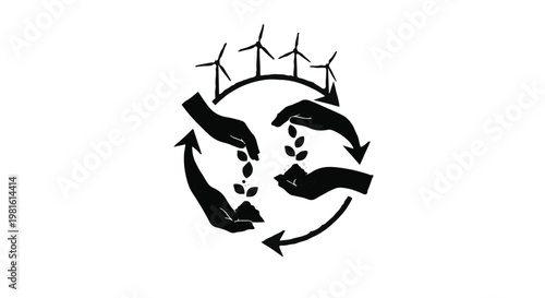 Hands nurturing seedlings within a circular flow of renewable energy and growth