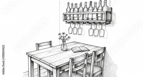 Sketch of a dining room with table, chairs, and wine rack.