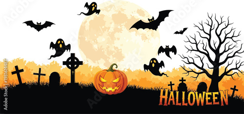 Halloween Bats Flying Over Cemetery with Full Moon