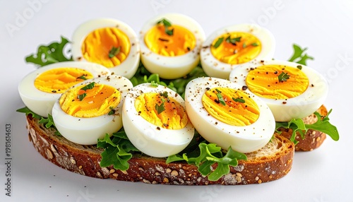 Hard-boiled eggs sit on toasted bread with scattered greens, a bright close-up shot
