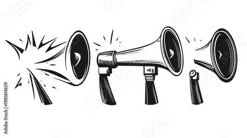 Black and white illustration featuring multiple megaphones with sound waves radiating outwards