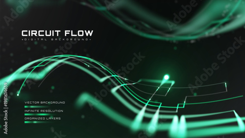 Abstract green background with digital circuit data flow. Futuristic technology network system showing neon glow line wave. Vector illustration.