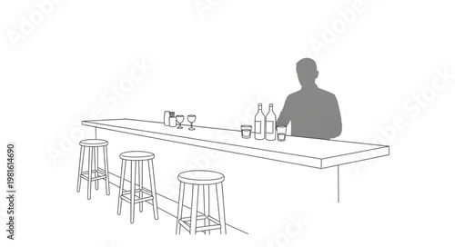 Silhouette of a bartender at a bar with stools.