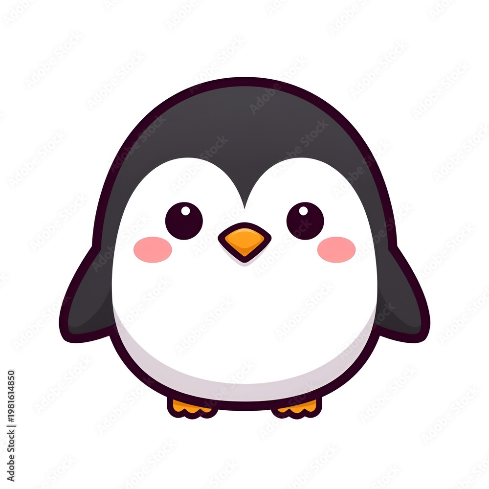 Obraz premium Cute penguin emoticon illustration in kawaii style with a happy expression, featuring a round chubby body, soft pastel accents, and clean vector design
