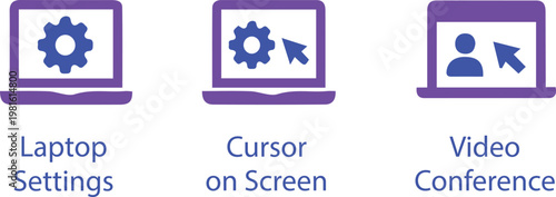 Set of flat laptop computer icons for settings, cursor navigation, and remote video conference.