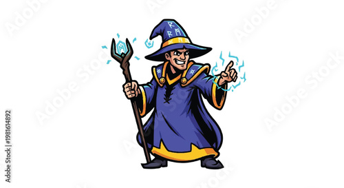 Cartoon wizard with magic staff and pointing gesture isolated